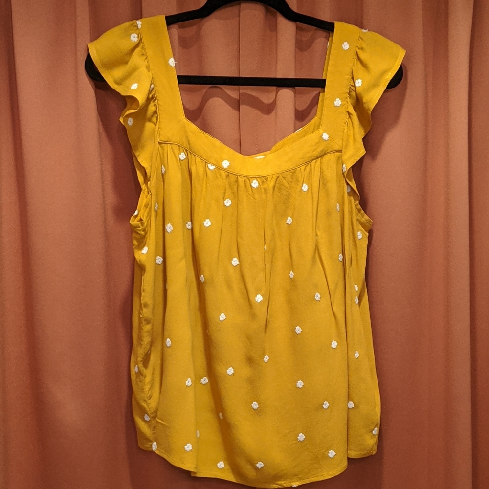 Flowy Mustard Colored Blouse with White Flowers